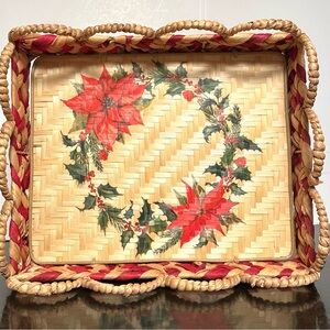 Large Festive Hand Woven Holiday Tray with Poinsettia Design.
